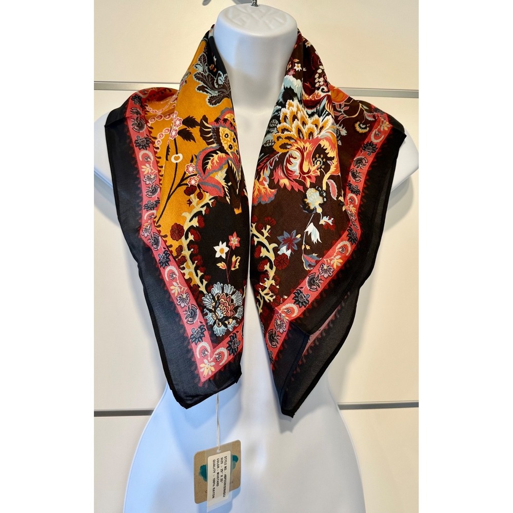 NWT Vismaya Rhapsody Mustard Floral Square Scarf 25" Rayon Boho Wrap